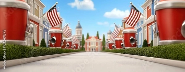 Fototapeta Colorful street scene with American flags and charming architecture.