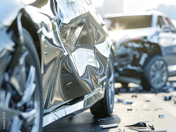 Obraz close up view of damaged silver car with crumpled panels, showcasing aftermath of collision. scene captures emotional impact of accident, with debris scattered around