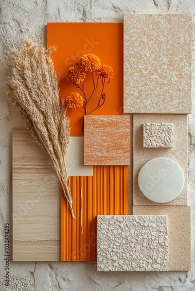 Fototapeta Stylish flat lay composition in orange and beige color palette with textile and paint samples, lamella panels and tiles. Architect and interior designer moodboard. Top view. Copy, Generative AI