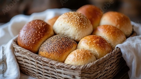 Fototapeta Freshly baked assorted bread rolls in a wicker basket, showcasing a variety of textures and seeds, perfect for a cozy breakfast setting.