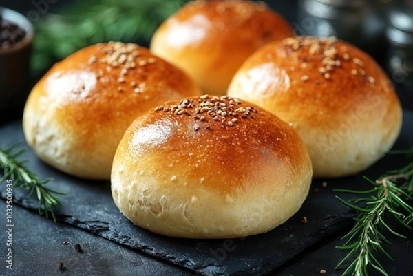 Fototapeta Freshly baked golden buns with sesame seeds on slate, surrounded by aromatic rosemary, creating a warm and inviting culinary scene.