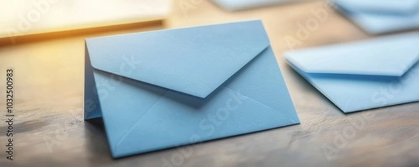 Fototapeta Neatly Arranged Blue Blank Envelopes on Wooden Surface