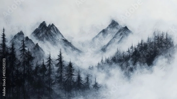 Fototapeta A misty mountain landscape with dark trees and peaks, evoking a serene, atmospheric mood.