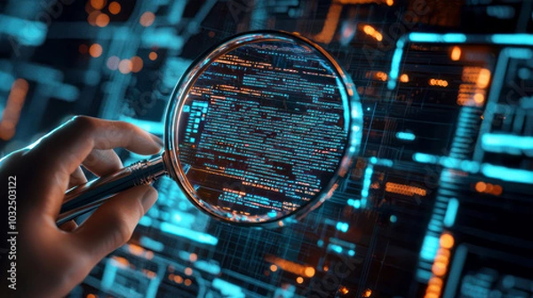 Obraz Male hand holding magnifying glass over digital code interface. Data analysis, quality assurance, software testing and debugging