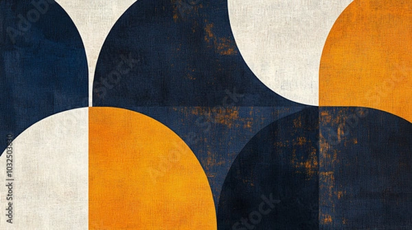 Obraz Abstract Geometric Pattern with Blue  Orange  and White Circles on Canvas Texture