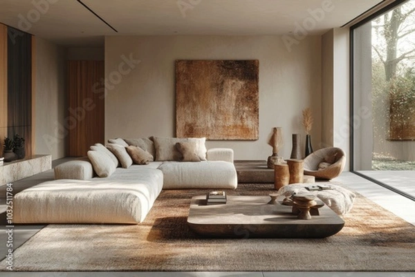 Fototapeta Modern Earth-Tone Interior. An earth-toned, modern living room with cozy furniture and abstract wall art. Perfect for promoting warm, inviting home, Generative AI