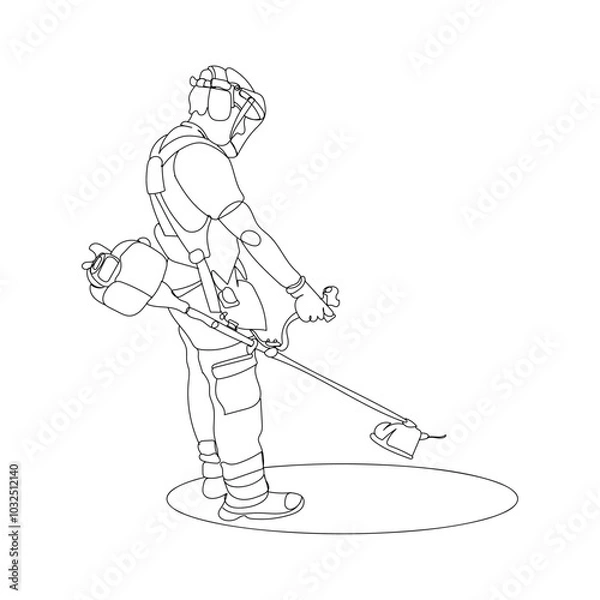 Fototapeta dessin en ligne continue d'un jardinier utilisant une débroussailleuse, line art, vecteur