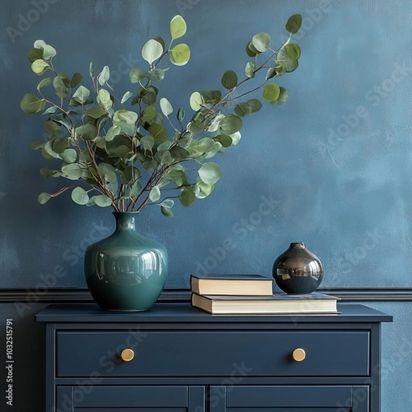 Fototapeta Minimalist composition of elegant home office space with design chair, black vase with leaf, sculpture, book and personal accessories. Copy space. Minimalist home decor, Generative AI