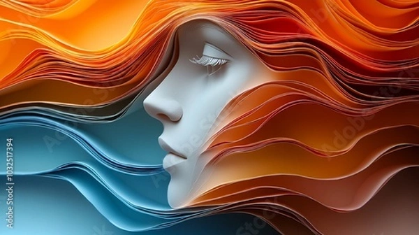 Fototapeta Abstract portrait of a woman's face with flowing waves of orange, red and blue paper.
