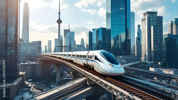 Obraz An advance white bullet train or high speed rail travelling at high speed through a modern city with tall buildings and skyscraper.