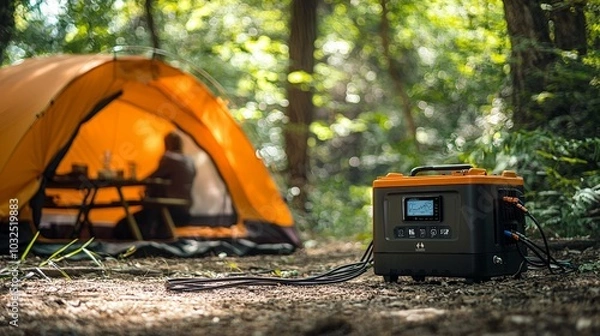 Obraz Portable Solar Generator Powering Camping Tent in Forest, Sustainable Energy for Outdoor Adventure, Eco-Friendly Off-Grid Power Supply, Camping, Generated AI