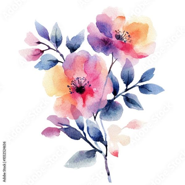 Fototapeta Beautiful watercolor flowers in soft hues on a pristine transparent background, perfect for artistic decor or floral designs, Navy Watercolor Flowers on transparent background