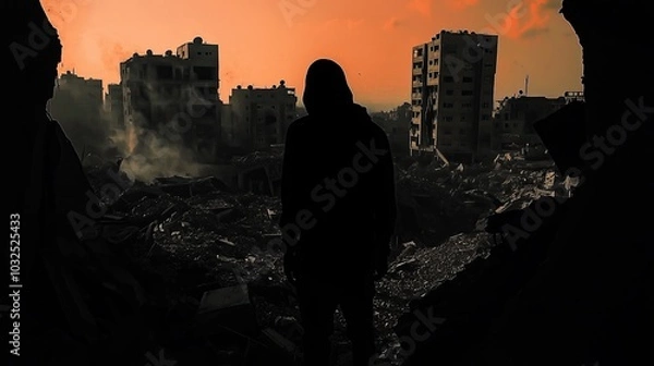 Fototapeta Silhouetted man standing in distroyed city. A story of survival in the ruins of a city at dusk. Concept of war zone, conflict, no one behind left. Generative AI