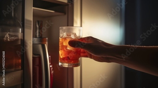 Fototapeta A hand elegantly reaching into a refrigerator to grab a glass filled with amber liquid and ice for a refreshing drink