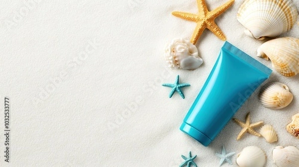 Fototapeta Beach essentials with sunscreen and seashells on white isolate background.
