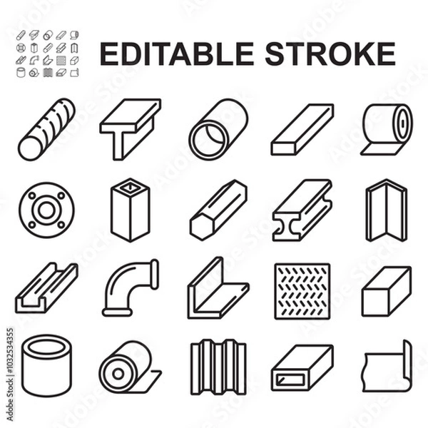 Fototapeta Set of icons of steel and iron products for construction industry work, vector line icons set.