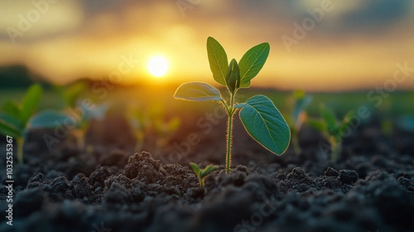 Obraz 
soybean sprout in the field, sunset