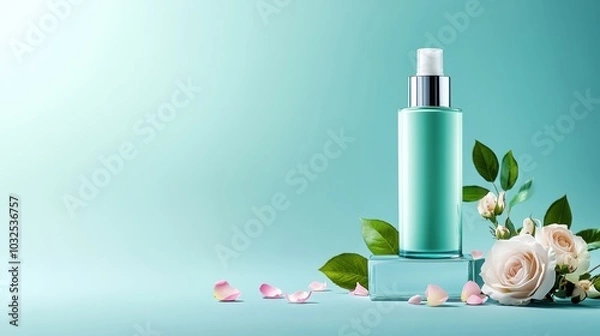 Fototapeta Cosmetic bottle with roses and leaves on pastel background, elegant and fresh.