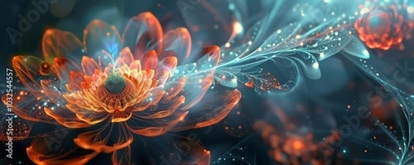 Fototapeta Digital artwork of a vibrant, abstract flower with glowing petals and intricate, swirling designs in a mesmerizing, colorful display.