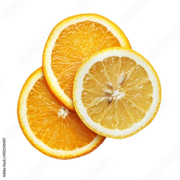Fototapeta Freshly sliced orange and lemon on a transparent background for vibrant culinary use or refreshing beverages, Fresh orange and lemon slices isolated on transparent background