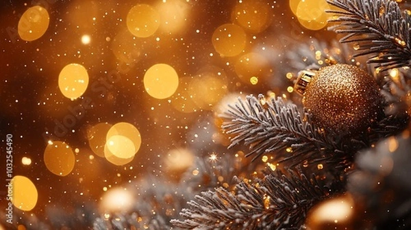 Fototapeta Festive Decor With Golden Ornaments and Twinkling Lights During Winter Holidays. Generative AI