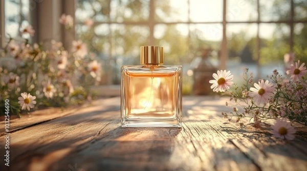 Fototapeta White square perfume bottle with shiny gold top placed on wooden surface with single wildflower nearby natural light realism 3D illustration