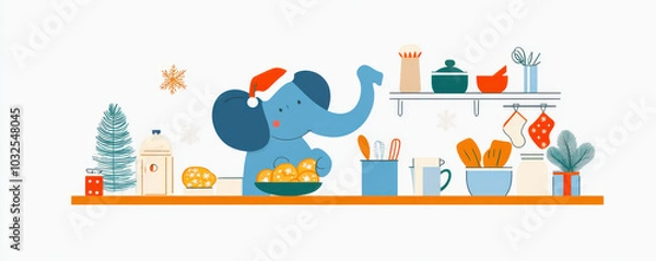 Fototapeta Cute elephant wearing a Santa hat, preparing food in a cozy kitchen setting.