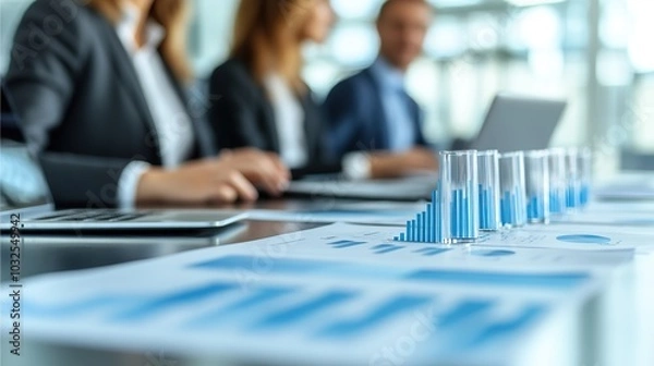 Fototapeta Business meeting with data analysis visuals.
