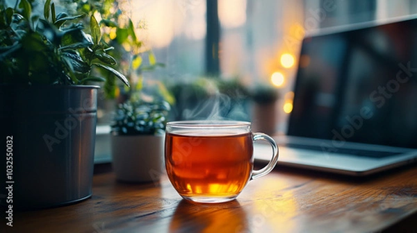 Obraz 
glass of tea on the table, laptop in the background, office