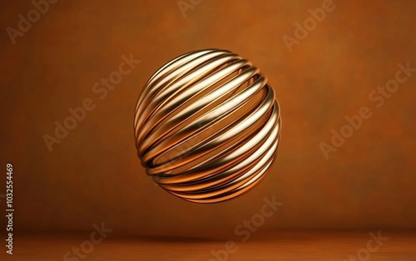 Fototapeta Floating metallic sphere with spiral pattern on a brown background.