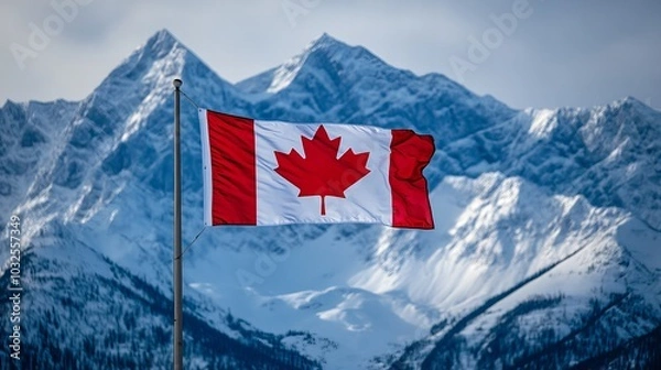 Fototapeta The Canadian flag waves proudly against a backdrop of snow-capped mountains.