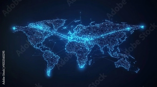 Fototapeta Glowing blue polygonal airplane and world map for global connectivity