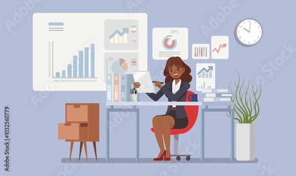 Fototapeta Business Planning concept. Businesswoman working in a contemporary office environment, surrounded by documents, charts, and creating a business plan. Character vector illustration design.