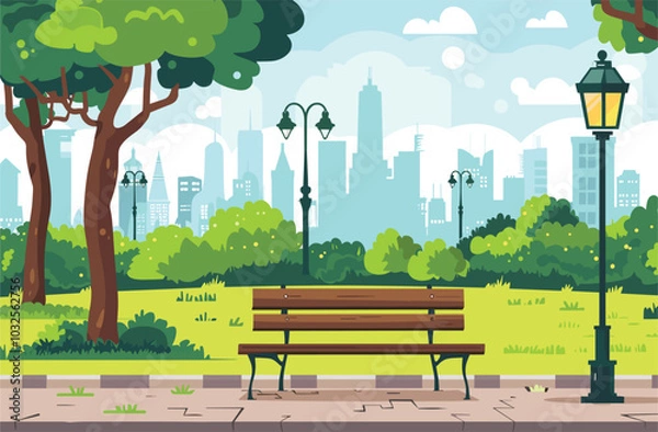 Fototapeta City summer park with green trees bench,Vector illustration of bench and streetlight in city park, A flat vector of a city park.