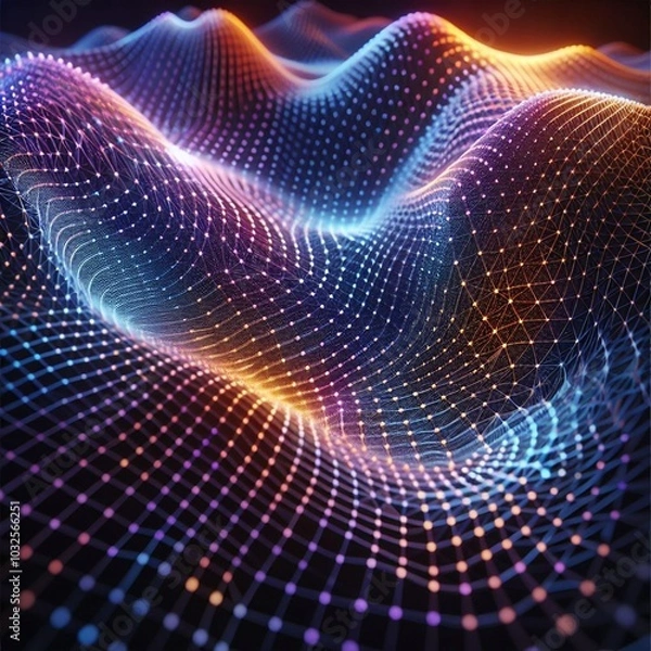 Fototapeta A vibrant, colorful mesh network creates a digital landscape, evoking futuristic cityscapes.