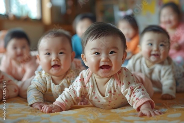 Fototapeta Adorable Babies Smiling and Playing Together in a Cozy Setting