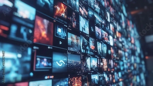 Fototapeta Digital screens displaying multiple images in a tech-savvy environment.