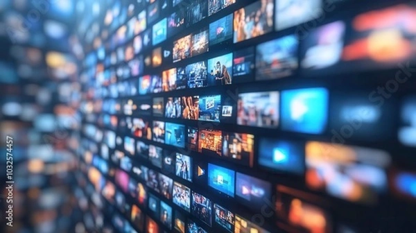 Fototapeta Digital screens displaying various images in a dynamic arrangement.