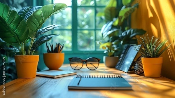 Obraz A wooden desk with a notebook, glasses, pencils, and plants in front of a window.