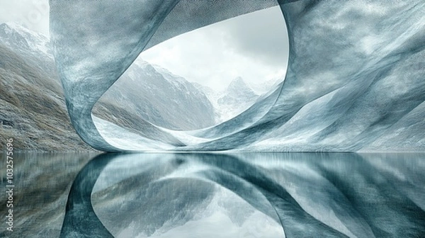 Fototapeta Serene landscape with a reflective ice structure.