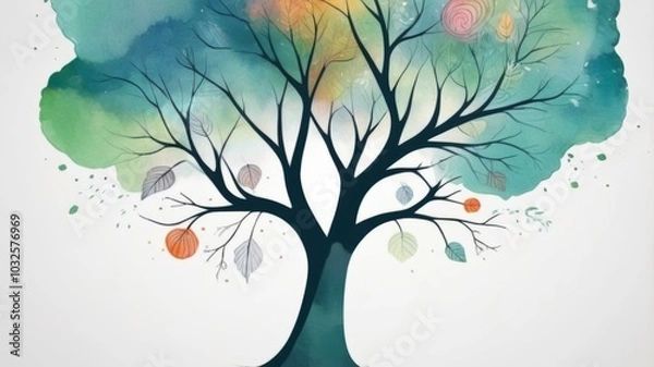 Fototapeta A vibrant watercolor painting of a tree adorned with lush green leaves, showcasing nature's beauty and tranquility.