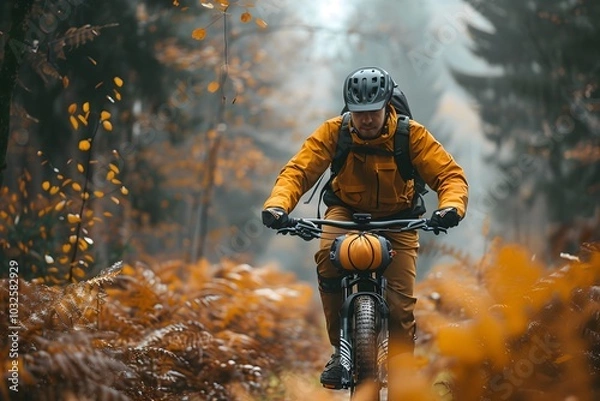Fototapeta Adventurous Mountain Biker Navigating Through Autumn Trails