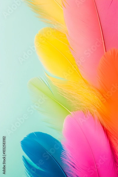 Fototapeta A colorful feathery display with a blue and green feather on the left