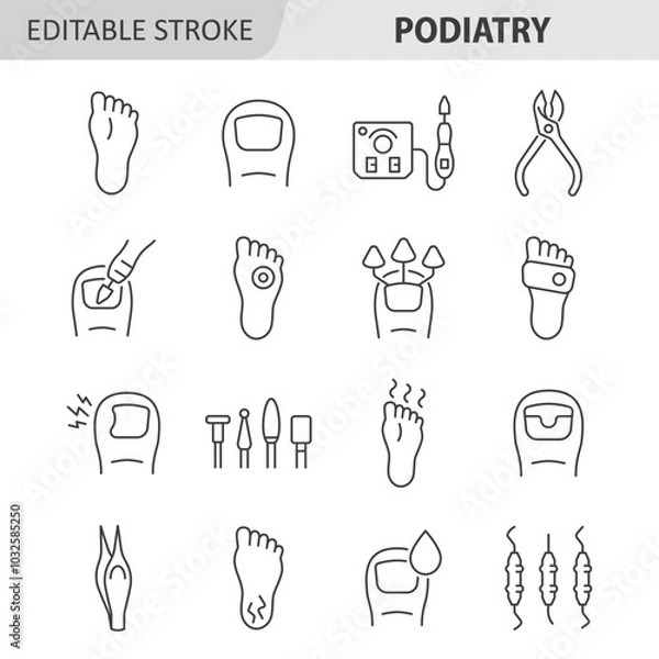 Fototapeta Podiatry line icon set. Podology collection with sole, toe, pedicure machine, callus, ingrown toenail, nail fungus, nippers. Editable stroke. Vector illustration.