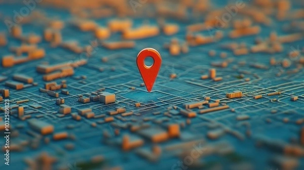 Fototapeta One big abstract pin icon on the city map Transportation delivery, map location, transport logistics, tourism navigation, concept. Gps navigation, new location. Blue background