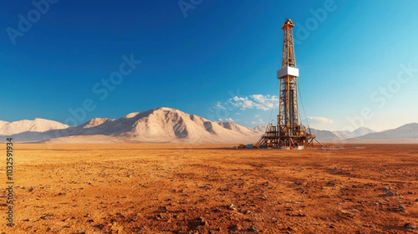 Fototapeta drilling rig operating in remote desert landscape, surrounded by mountains and clear blue skies, showcases vastness and arid beauty of environment
