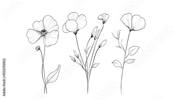 Fototapeta Hand-drawn floral illustrations of delicate flowers, perfect for design projects, invitations, and artistic expressions.