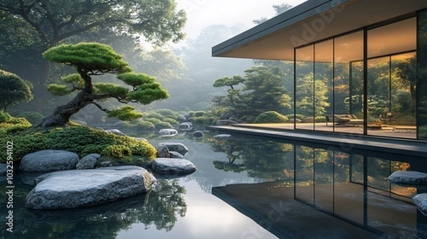 Fototapeta Modern architecture with Japanese garden and pond.
