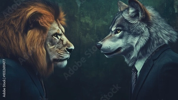 Fototapeta A cool lion and a confident wolf, both in suits, standing face to face in a business confrontation, showcasing competition and leadership.