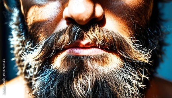 Fototapeta A bushy and wild beard with uneven growth, giving a rustic and untamed look, Generative AI